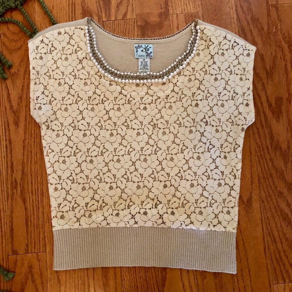 Tabitha/Anthropologie pearls on lace sweater